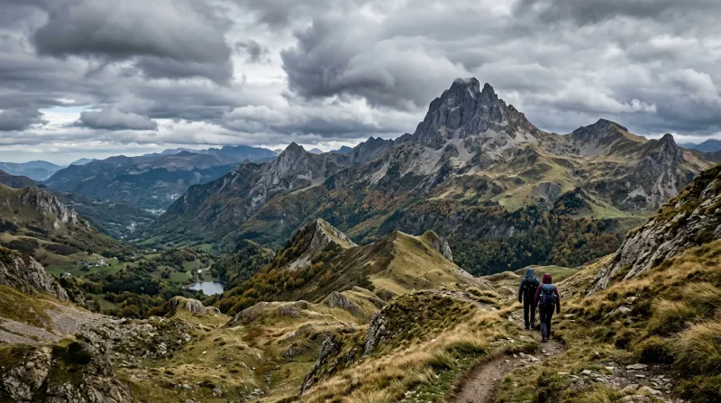 Une photo d'un paysage montagneux dans les Pyrénées-Atlantiques sous un ciel nuageux et venteux