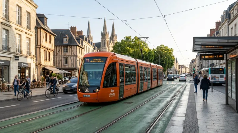Une photo d'un tramway circulant avec fluidité dans les rues du Mans