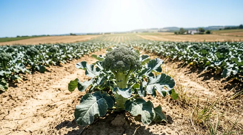 Une photo d'un pied de brocoli dans un champ sous un soleil intense