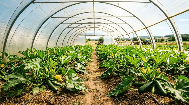 Une photo de plants de courgettes sous un tunnel maraîcher par une journée de forte chaleur