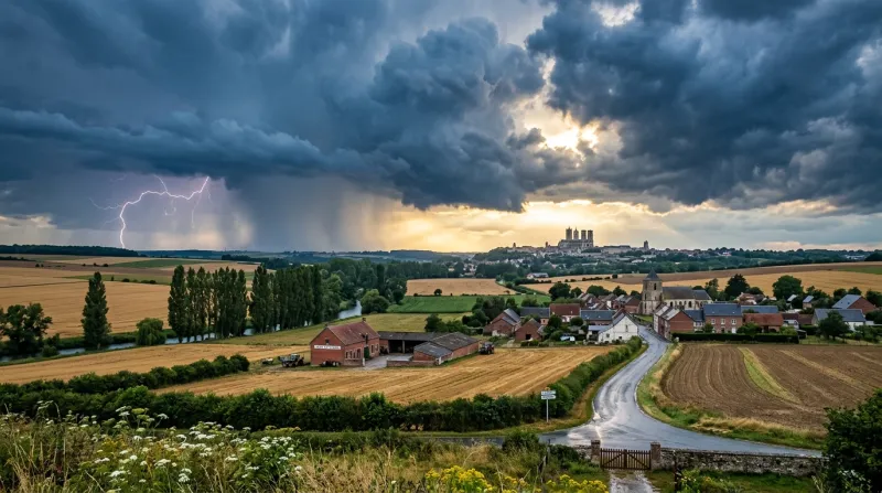 Une photo d'un paysage de campagne dans l'Aisne sous un ciel d'orage