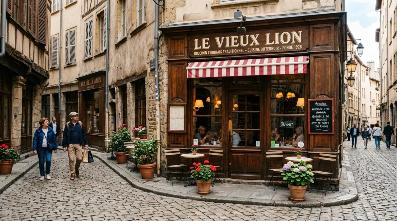 Une photo de la devanture boisée d'un bouchon lyonnais traditionnel dans une rue pavée du Vieux Lyon