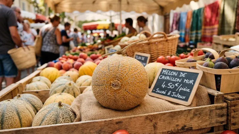 Une photo d'un melon mûr sur un étalage.