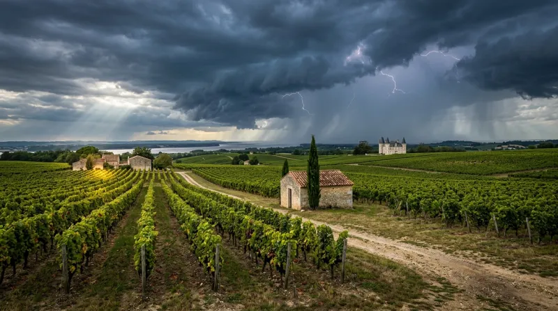 Une photo d'un paysage de Gironde sous un ciel d'orage