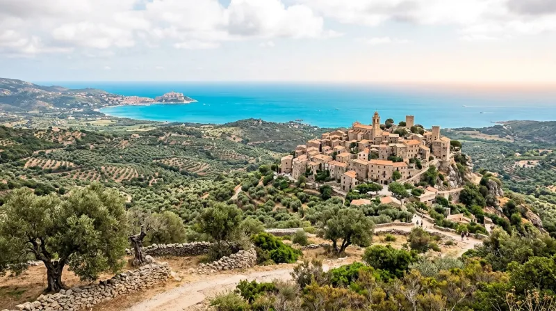 Une photo d'un village perché en Balagne entouré d'oliveraies avec la mer à l'horizon