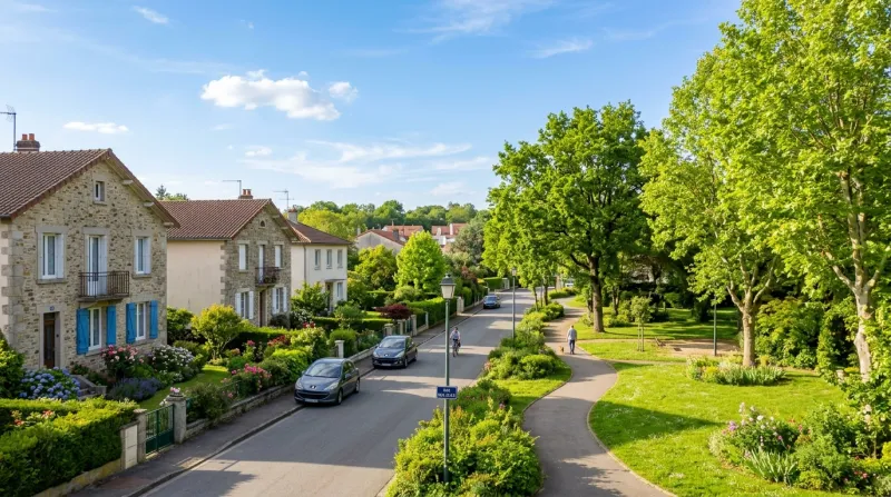 Une photo d'un quartier résidentiel paisible à Limoges avec des espaces verts sous un ciel clair.