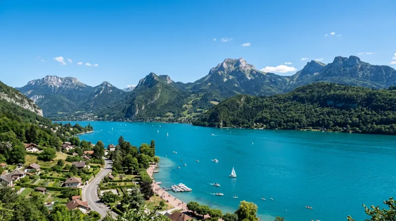 Une photo du lac d'Annecy entouré de montagnes sous un ciel bleu et dégagé