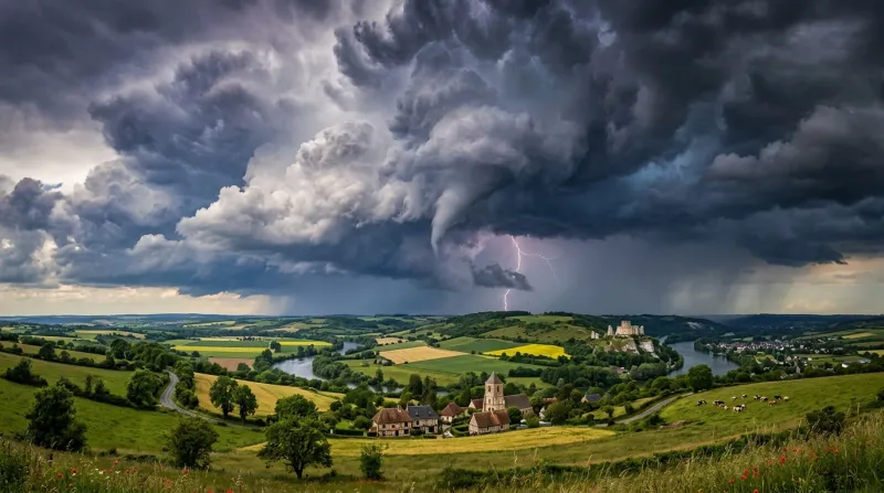 Une photo d'un ciel orageux spectaculaire au-dessus d'un paysage de campagne dans l'Eure