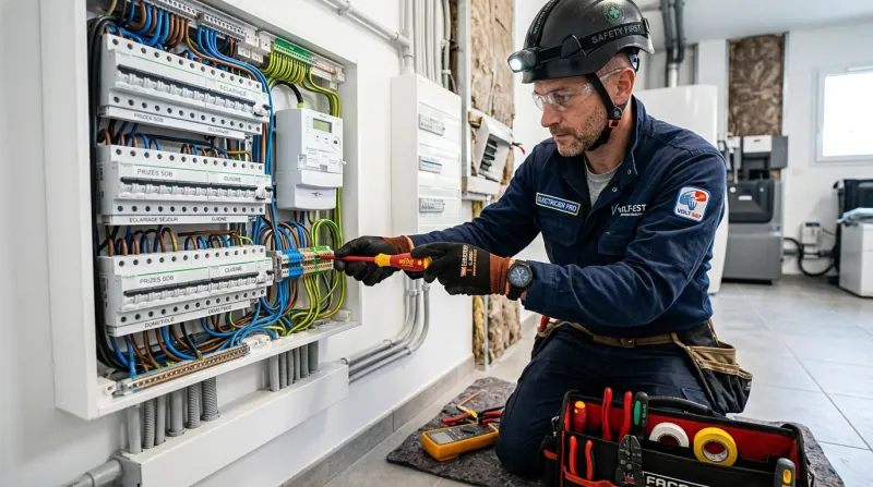 Une photo d'un électricien professionnel travaillant sur une installation électrique moderne.