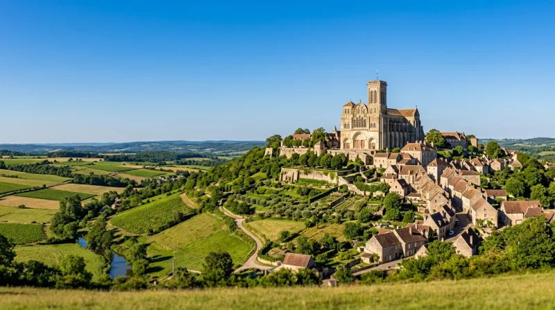 Une photo de la basilique Sainte-Marie-Madeleine de Vézelay sur sa colline sous un ciel dégagé