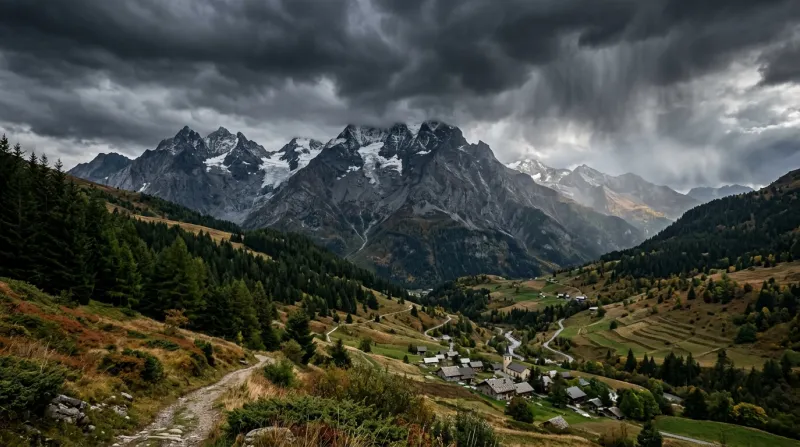 Une photo d'un paysage de montagne en Savoie sous un ciel d'orage