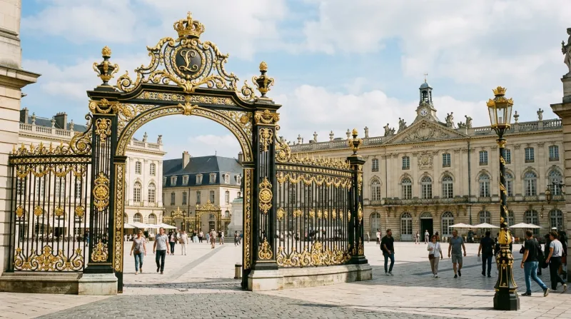 Une photo de la place Stanislas à Nancy mettant en avant ses grilles en fer forgé rehaussées d'or