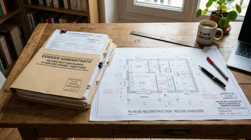 Une photo d'un dossier administratif et de plans d'architecte pour la reconstruction d'une maison.
