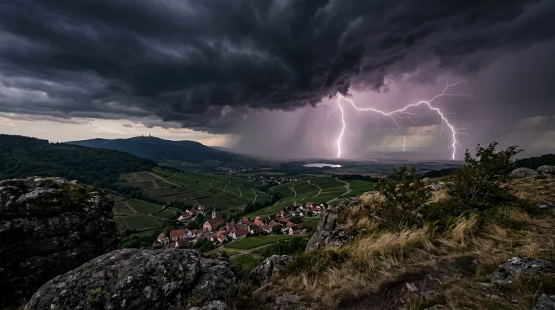 Une photo d'un paysage du Haut-Rhin sous un ciel d'orage avec des éclairs
