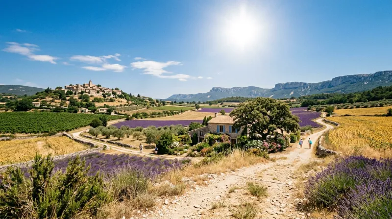 Une photo d'un paysage de la Drôme sous un soleil d'été éclatant et une forte chaleur