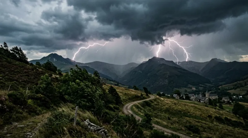 Une photo d'un paysage du Cantal sous un ciel d'orage avec des éclairs et du vent