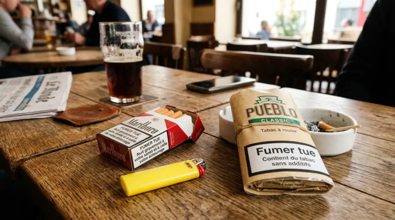 Une photo d'un paquet de cigarettes et d'une pochette de tabac à rouler posés sur une table