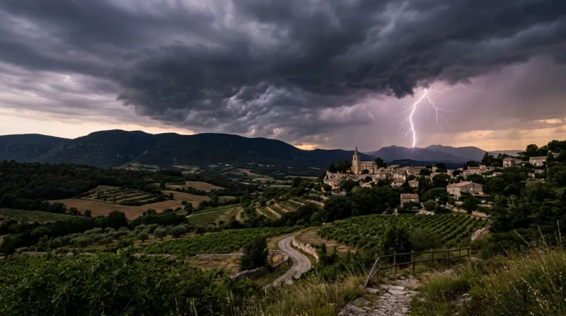 Une photo d'un paysage du Luberon dans le Vaucluse sous un ciel d'orage spectaculaire avec un éclair