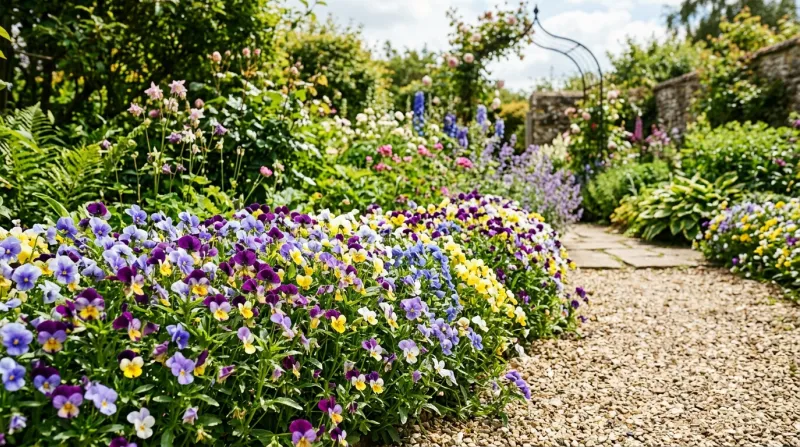 Bordure dense et colorée de violettes cornues en fleurs dans un jardin.