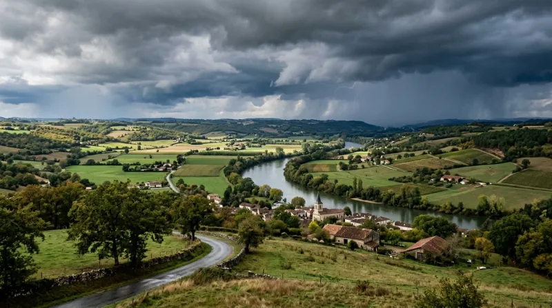 Un orage approche sur la vallée verdoyante de la Garonne dans le Lot et Garonne