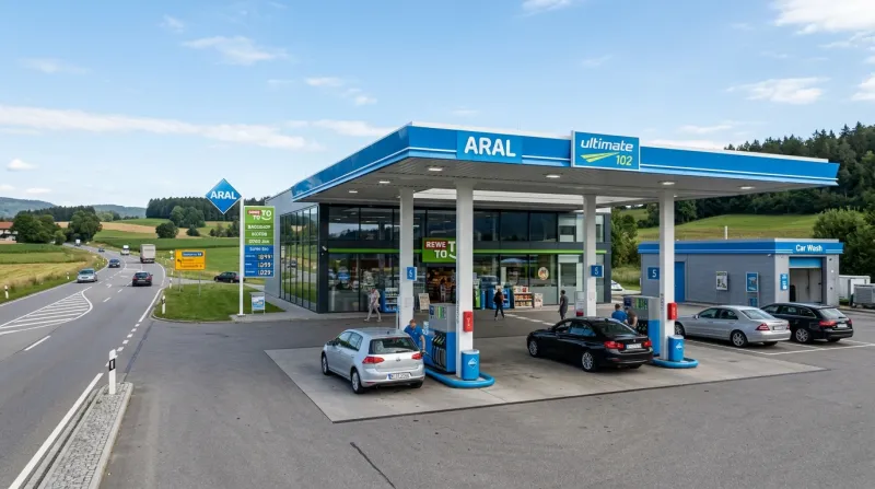 Station-service moderne et lumineuse au bord d'une route en Allemagne.