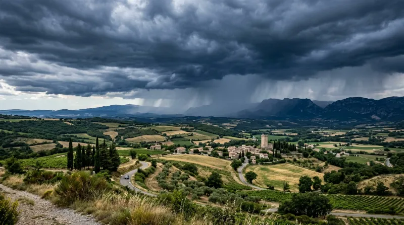 Une photo d'un paysage de la Drôme sous un ciel d'orage spectaculaire avec des averses au loin