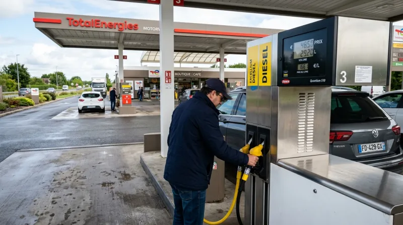 Pompe à carburant avec un pistolet diesel dans une station-service moderne.