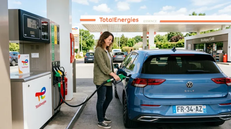 Personne souriant en faisant le plein de carburant à une station-service.