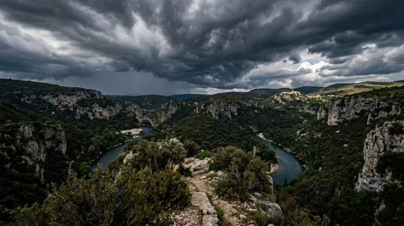Une photo d'un paysage naturel de l'Ardèche sous un ciel d'orage spectaculaire et nuageux