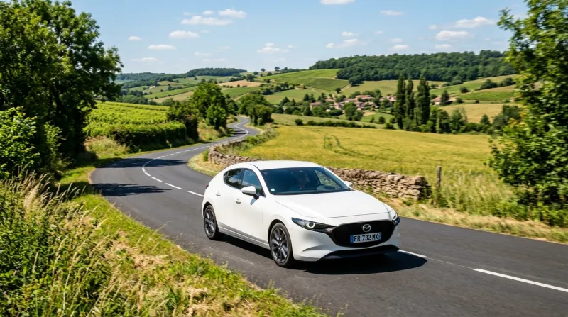Mazda 3 compacte roulant sur une route de campagne ensoleillée