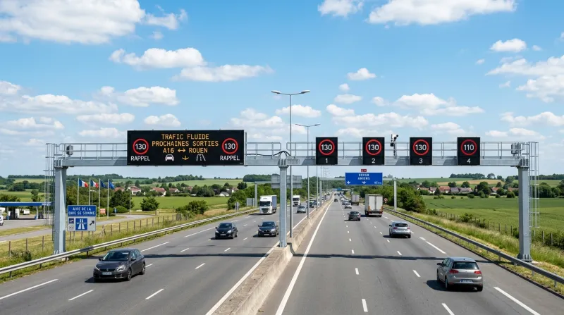 Portique de signalisation électronique sur une autoroute sous un ciel bleu.