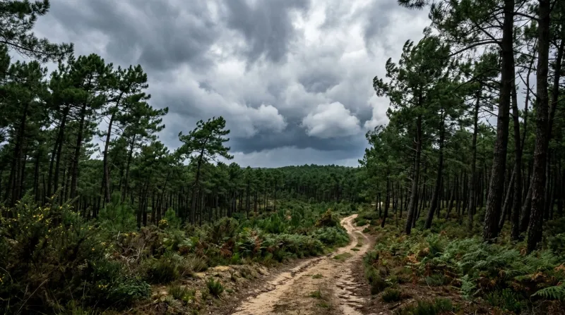 Forêt de pins des Landes sous un ciel venteux et nuageux.
