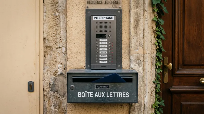 Une photo en gros plan d'un interphone et d'une boîte aux lettres à l'entrée d'une maison ou d'un im