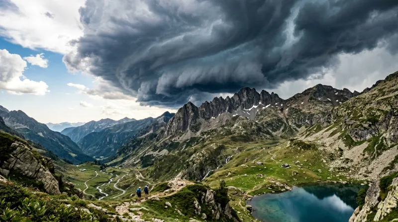 Une photo d'un paysage de montagne dans les Hautes-Pyrénées avec des nuages d'orage se formant au-de