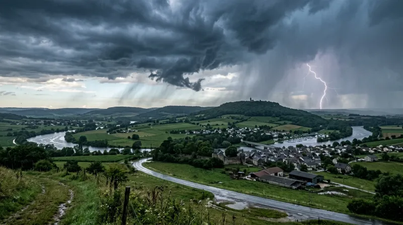 Une photo d'un paysage de Meurthe-et-Moselle sous un ciel orageux avec des averses de pluie