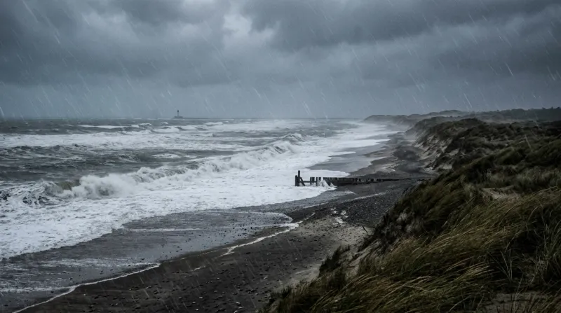 Un paysage côtier girondin par temps pluvieux et venteux avec des vagues agitées
