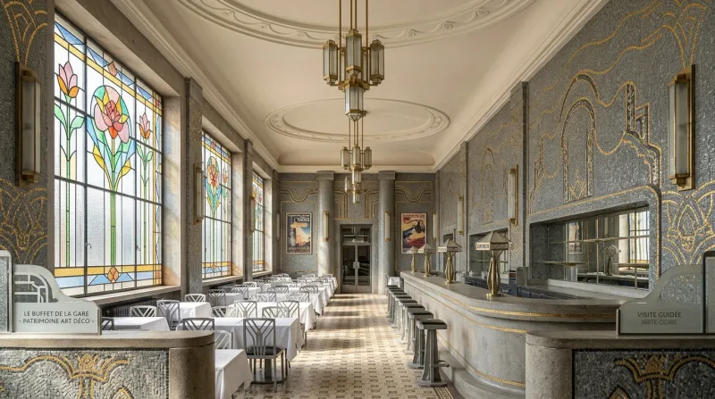 Intérieur Art déco lumineux du buffet de la gare de Saint-Quentin et mosaïques