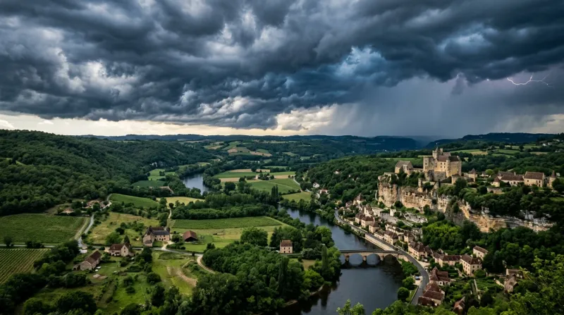 Paysage verdoyant de Dordogne sous un ciel d'orage menaçant.