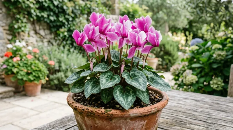 Cyclamen en fleurs dans un pot en terre cuite