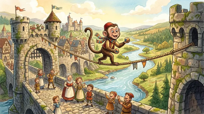 Un petit singe espiègle fait de l'équilibre sur une corde sur un vieux pont de pierre