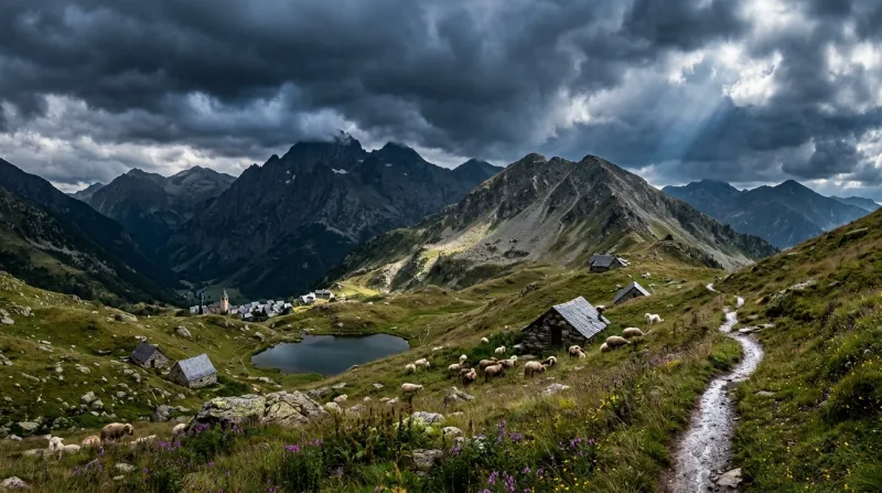 Une photo d'un paysage de montagnes en Ariège sous un ciel orageux