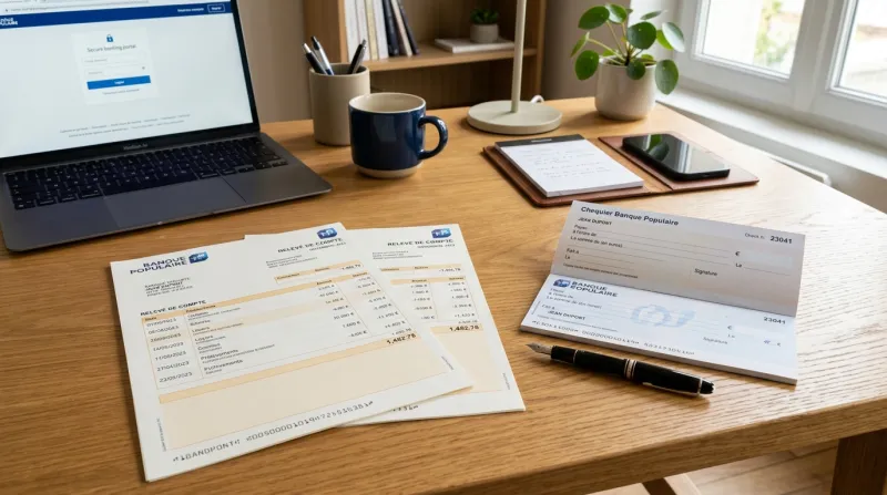 Relevés bancaires et chéquier sur un bureau ordonné