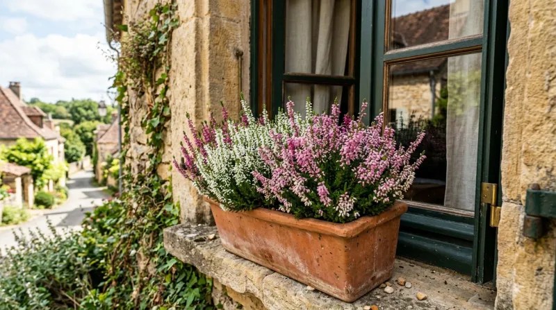 Jardinière de bruyères roses et blanches sur un rebord de fenêtre.