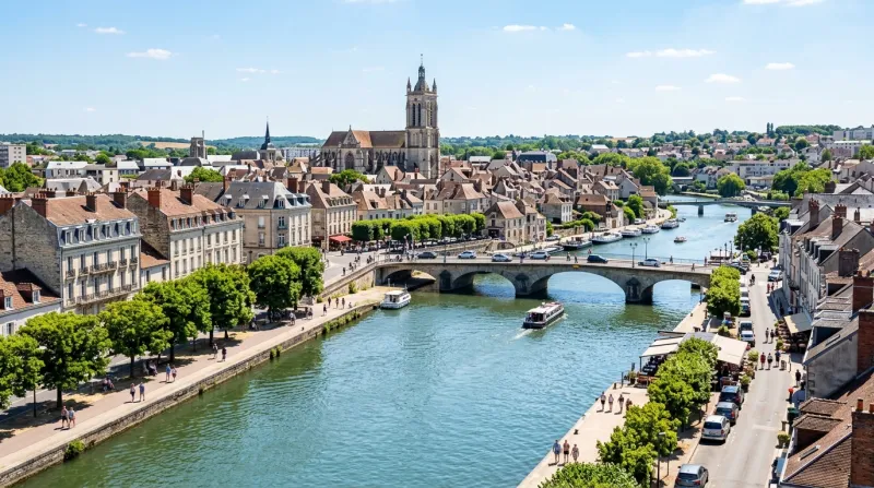 Paysage urbain de Melun ensoleillé en été.