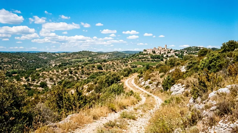 Paysage ensoleillé de garrigue dans le Gard sous un ciel bleu éclatant.