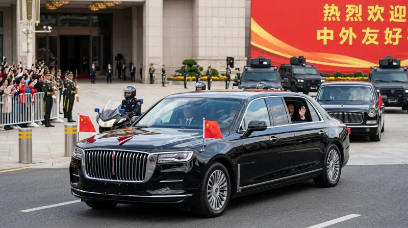 La limousine présidentielle noire Hongqi N701 lors d'un défilé officiel.