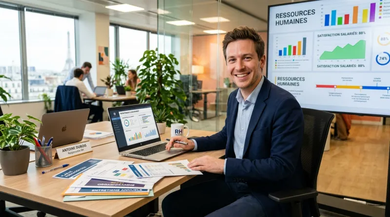 Une photo d'un professionnel des ressources humaines souriant travaillant dans un bureau moderne ave