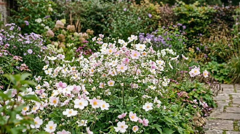 Anémones du Japon en fleurs dans un massif sous une lumière douce.