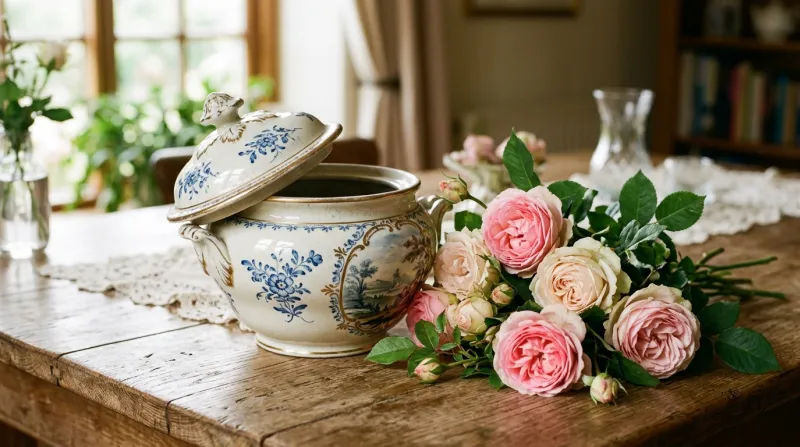 Pot ancien en porcelaine entrouvert et roses fraîches sur une table.