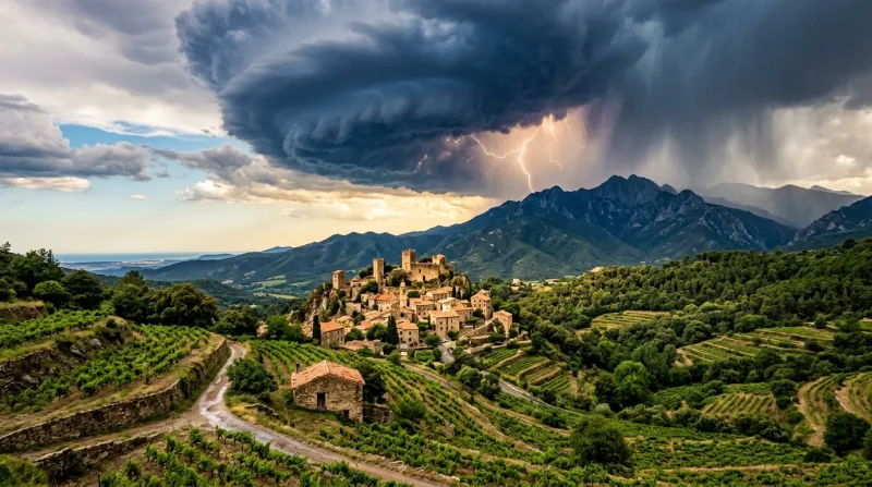 Une photo d'un paysage des Pyrénées-Orientales sous un ciel d'orage d'été